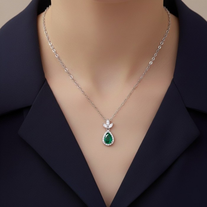 Drop Emerald & Diamond Solid Gold Necklace 