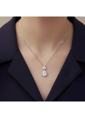 Drop White Topaz & Diamond Lotus Gold Necklace SS2046