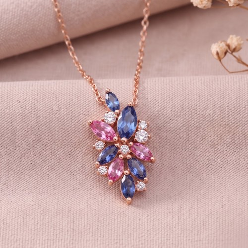 Pembe Mavi Safir Ve Pırlanta Altın Tasarım Kolye SS2026