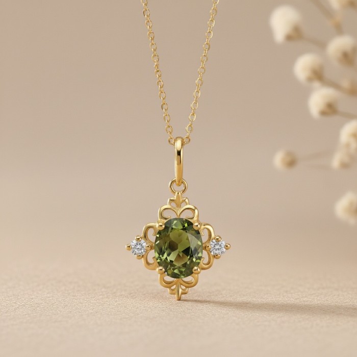 Oval Green Sapphire & Diamond Vintage Necklace