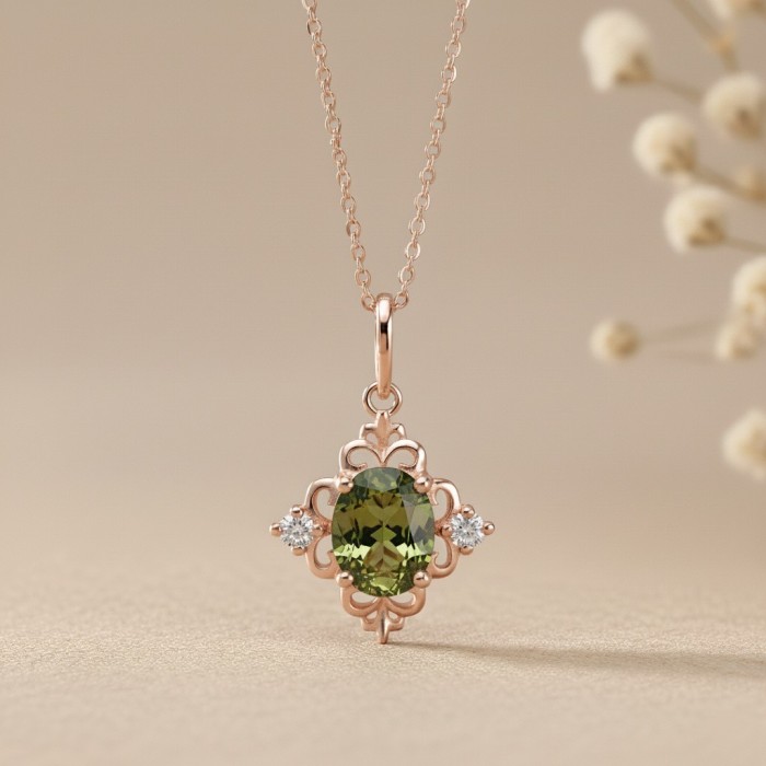 Oval Green Sapphire & Diamond Vintage Necklace