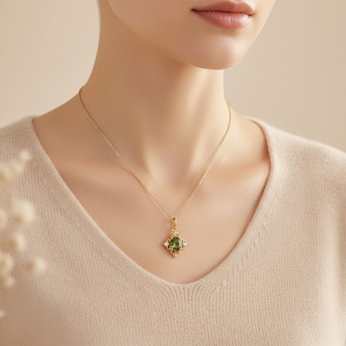 Oval Green Sapphire & Diamond Vintage Necklace
