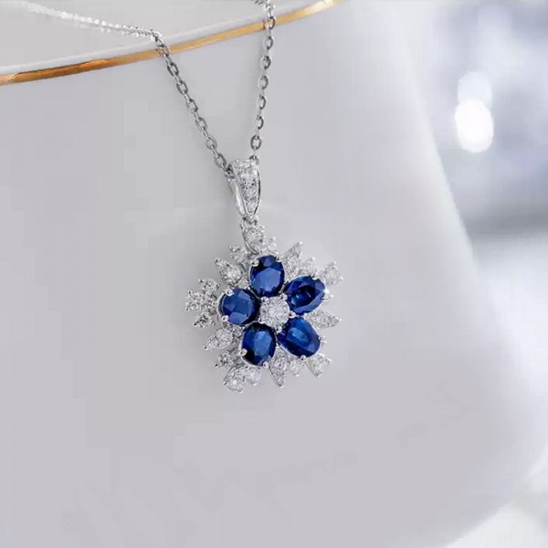 Oval Mavi Safir Ve Pırlanta Tasarım Kolye SS2003