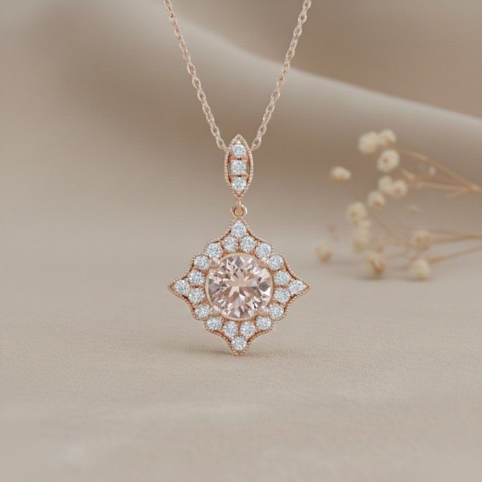 Vintage Tasarım Morganit Ve Pırlanta Kolye