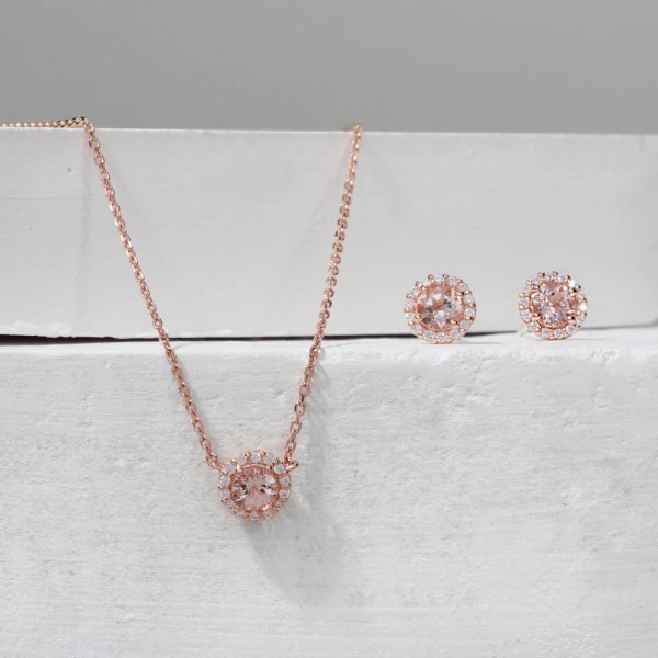 Morganite & Diamond Necklace Earrings Set 