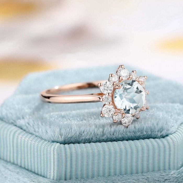 Floral Aquamarine And Diamond Rose Gold Ring SS0183 Floral Aquamarine And Diamond Rose Gold Ring SS0183