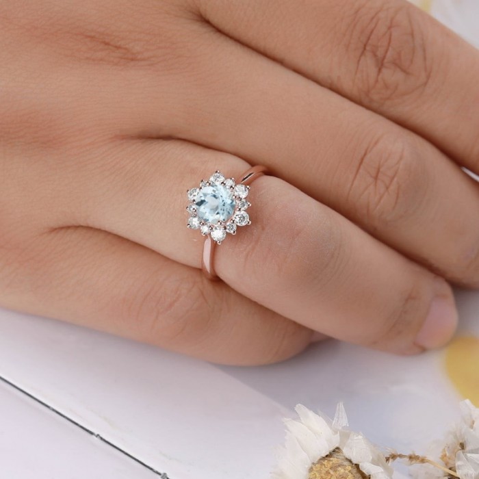 Floral Aquamarine And Diamond Rose Gold Ring SS0183 Floral Aquamarine And Diamond Rose Gold Ring SS0183