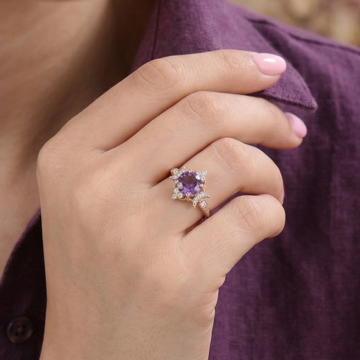 Hilal Tasarımlı Ametist Ve Pırlanta Vintage Yüzük SS0252