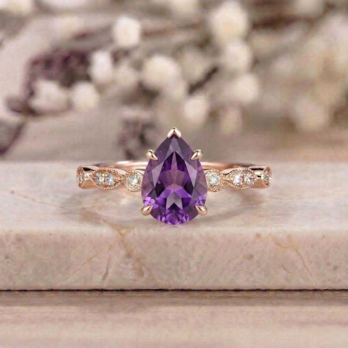 Su Damlasi Ametist Pırlanta Altın Vintage Yüzük