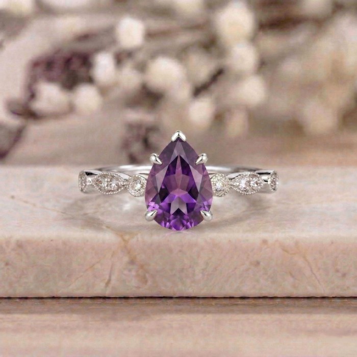 Su Damlasi Ametist Pırlanta Altın Vintage Yüzük