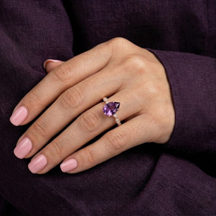 Su Damlasi Ametist Pırlanta Altın Vintage Yüzük