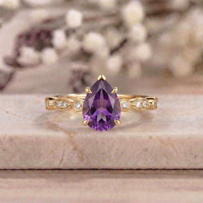 Su Damlasi Ametist Pırlanta Altın Vintage Yüzük