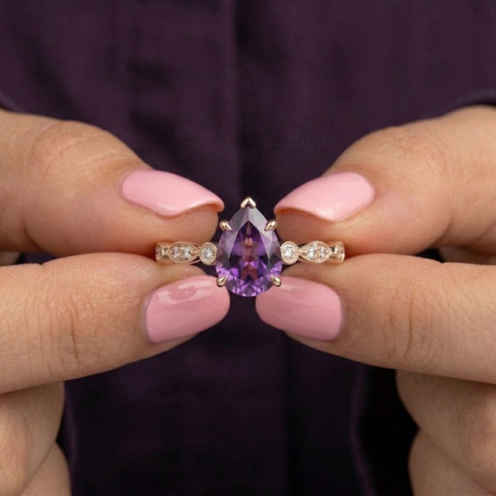 Su Damlasi Ametist Pırlanta Altın Vintage Yüzük