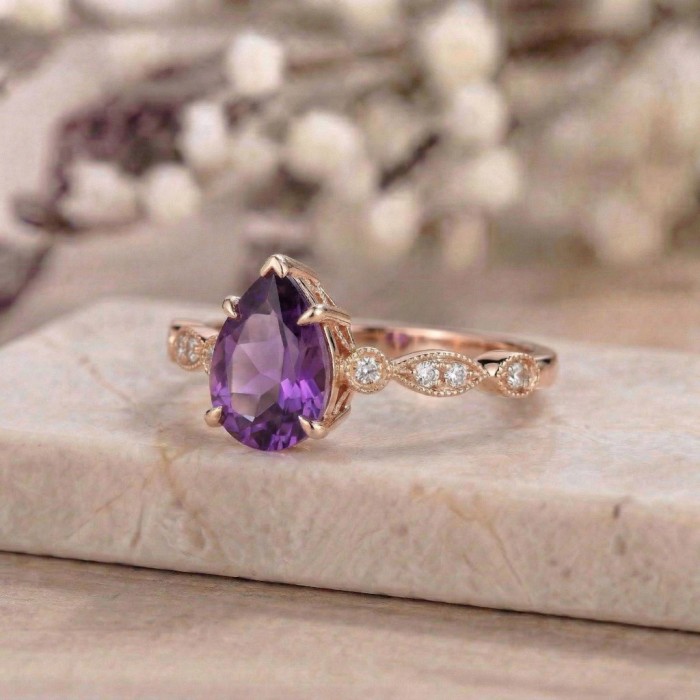 Su Damlasi Ametist Pırlanta Altın Vintage Yüzük