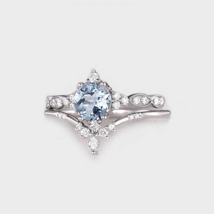 Aquamarine & Diamond 2 PCS Set Rings SS0336