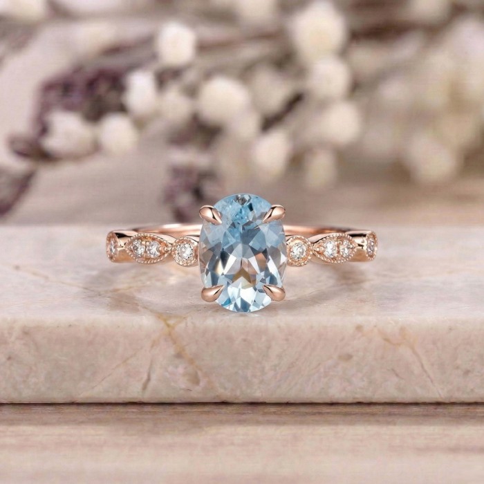 Aquamarine & Diamond Rose Gold Ring