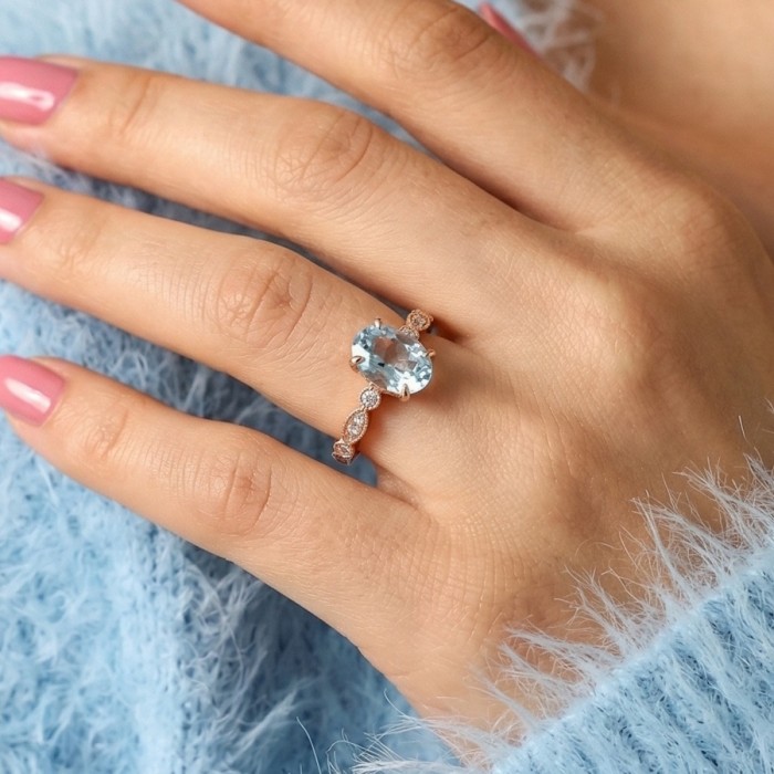 Aquamarine & Diamond Rose Gold Ring