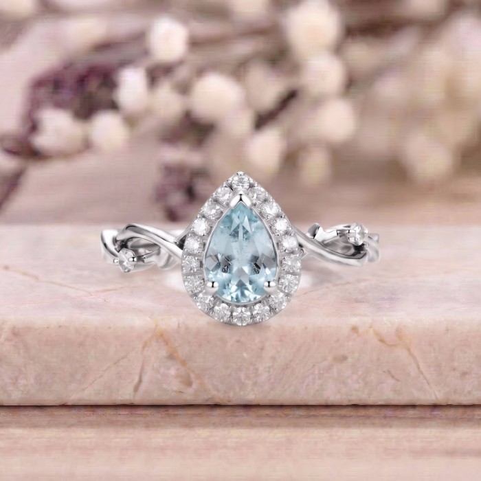 Drop Aquamarine & Diamond Halo Design Ring SS0331 Drop Aquamarine & Diamond Halo Design Ring SS0331
