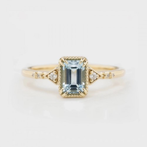 Emerald Cut Aquamarine & Diamond Ring SS0327