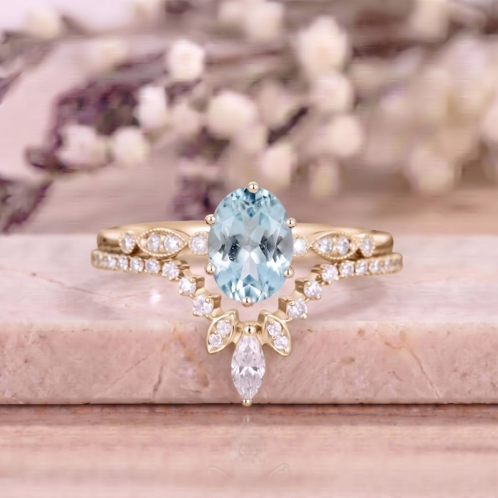 Aquamarin Ve Pırlanta İkili Set Vintage Yüzük SS0047 Aquamarin Ve Pırlanta İkili Set Vintage Yüzük SS0047