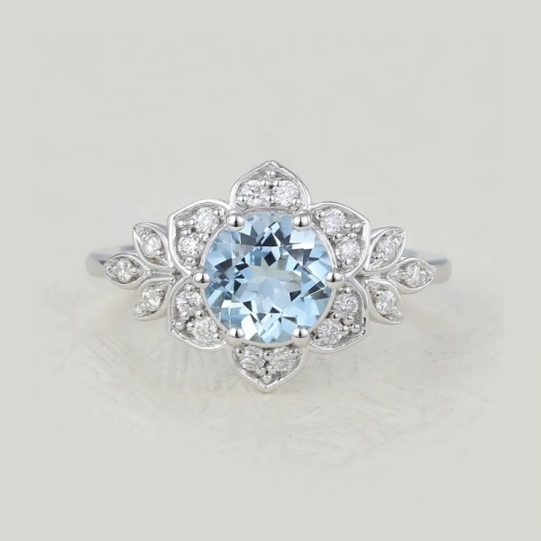 Aquamarine & Diamond Leaf Floral Ring SS0328