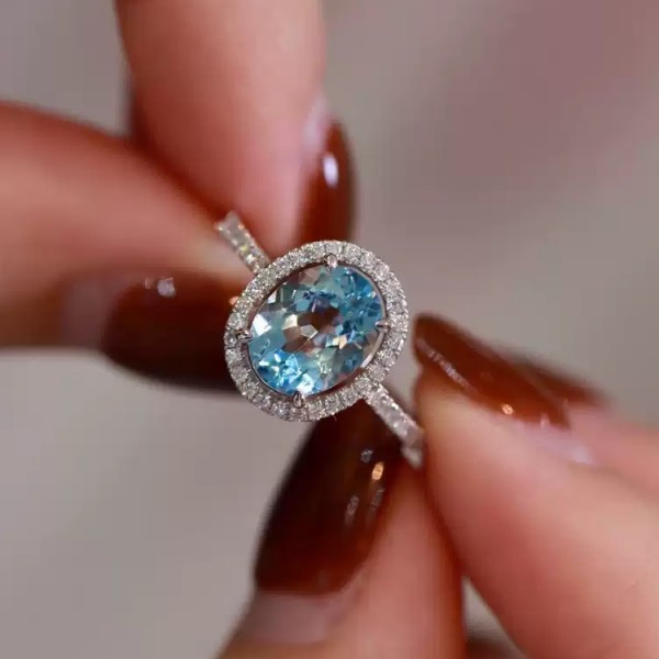 Aquamarine Ve Pırlanta Klasik Halo Yüzük SS0310