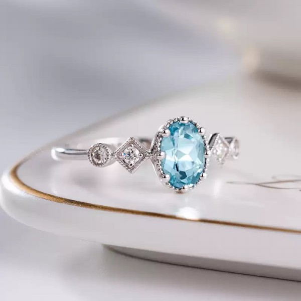 Oval Aquamarin Ve Pırlanta Vintage Yüzük SS0107