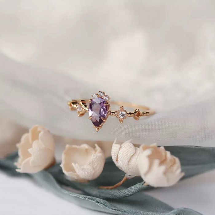Drop Amethyst & Diamond Gold Ring SS0038