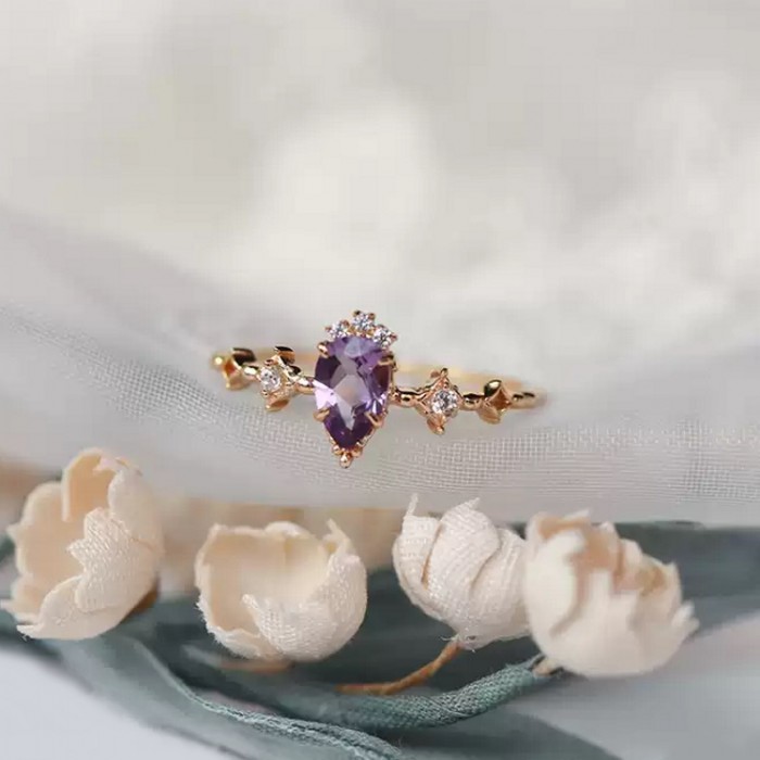 Drop Amethyst & Diamond Gold Ring SS0038
