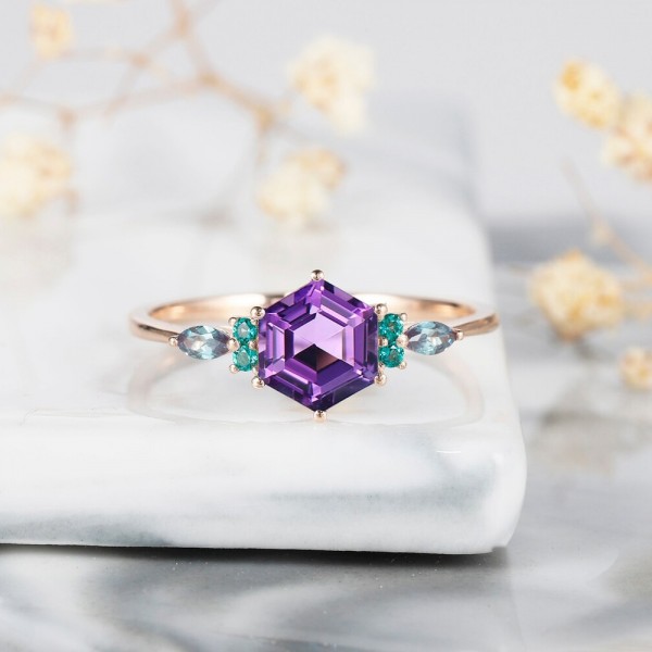 Hexagon Amethyst & Emerald Tourmaline Ring 