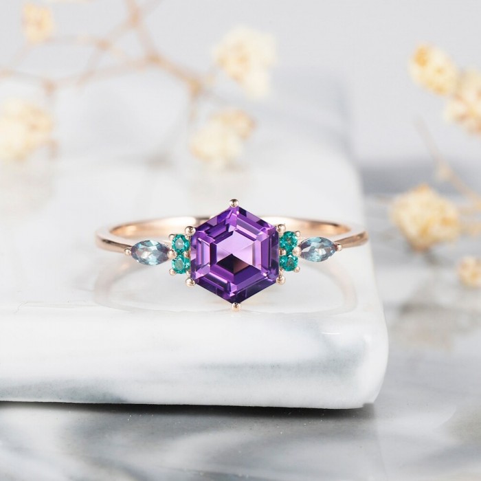 Hexagon Amethyst & Emerald Tourmaline Ring 