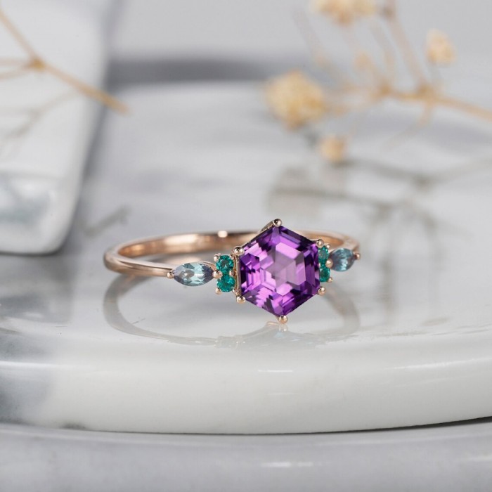 Hexagon Amethyst & Emerald Tourmaline Ring 