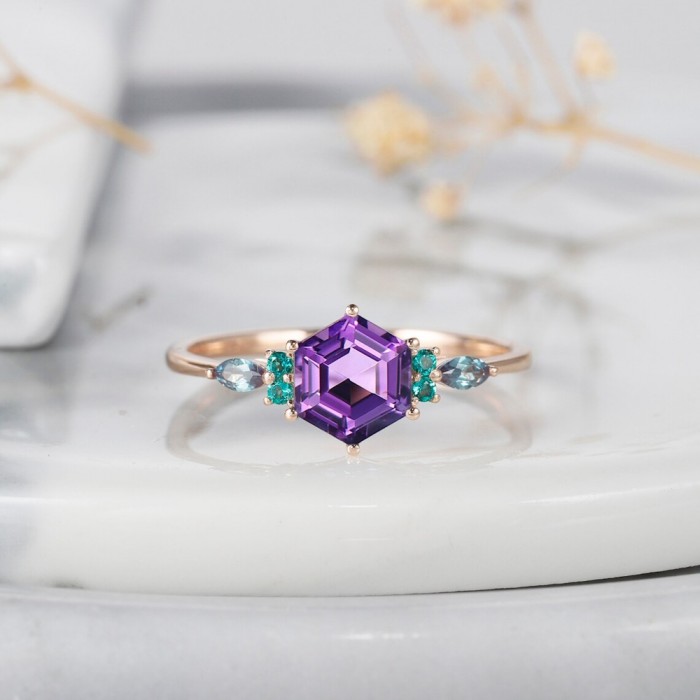 Hexagon Amethyst & Emerald Tourmaline Ring 