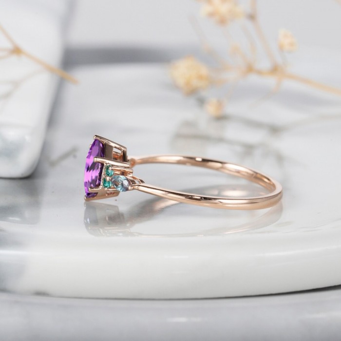 Hexagon Amethyst & Emerald Tourmaline Ring 