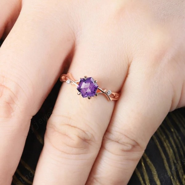 Hexagon Amethyst & Diamond Ivy Leaf Ring 