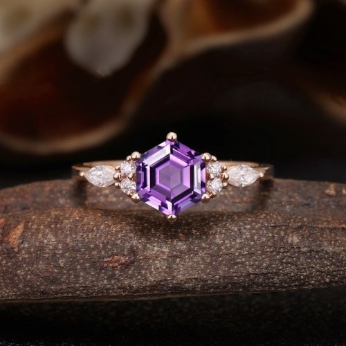 Hexagon Purple Amethyst & Marquise Diamond Ring SS0389