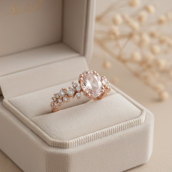 Morganit Ve Pırlanta Evlilik Teklifi Yüzüğü SS0314 Pembe Morganit Ve Pırlanta Asmetrik Yüzük SS0314