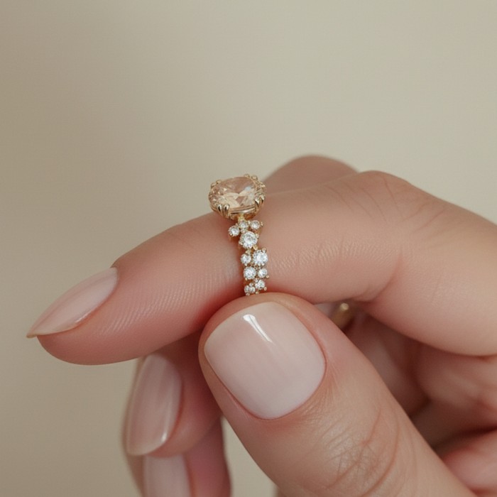 Pembe Morganit Ve Pırlanta Asmetrik Yüzük SS0314