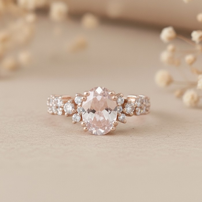 Pembe Morganit Ve Pırlanta Asmetrik Yüzük SS0314