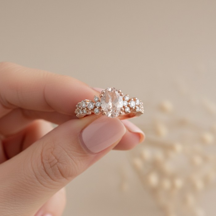 Pembe Morganit Ve Pırlanta Asmetrik Yüzük SS0314