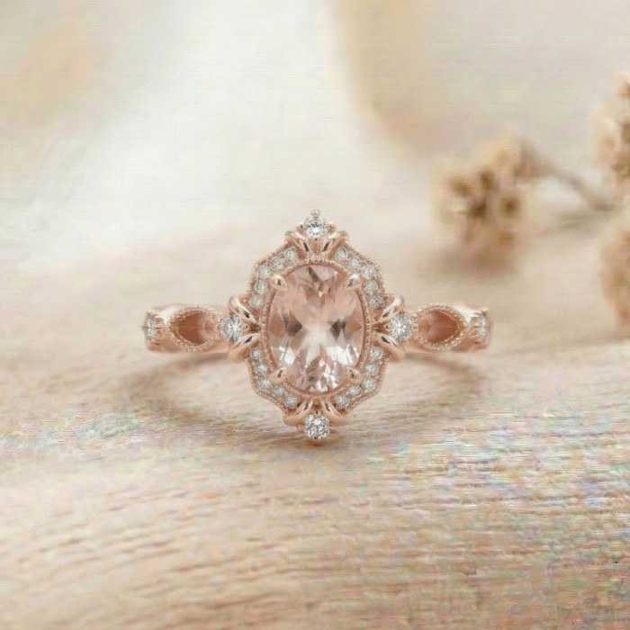 Vintage Tasarım Yüzük Morganit Ve Pırlanta SS0031