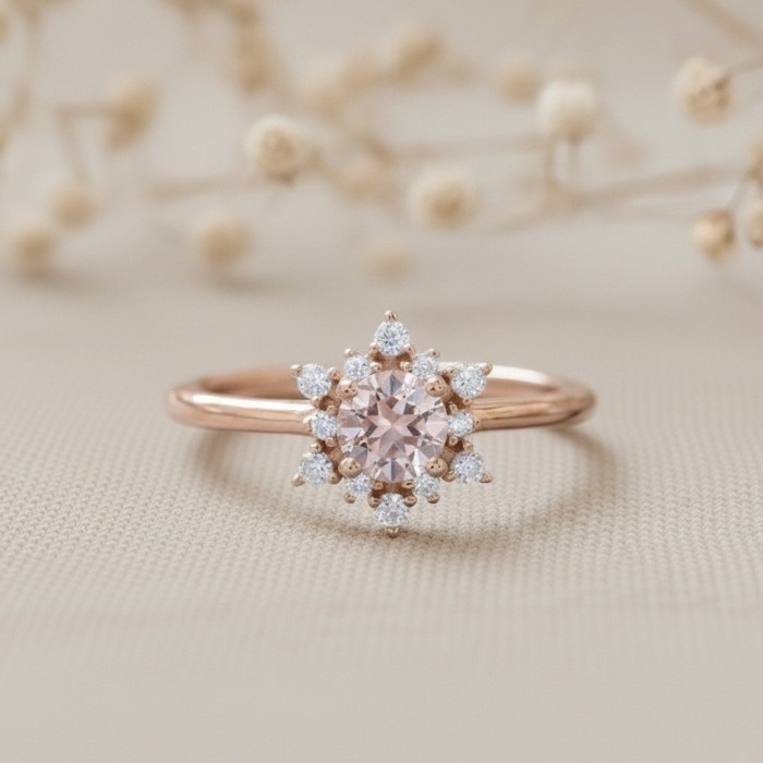 Kar Tanesi Morganit Ve Pırlanta Rose Altın Yüzük