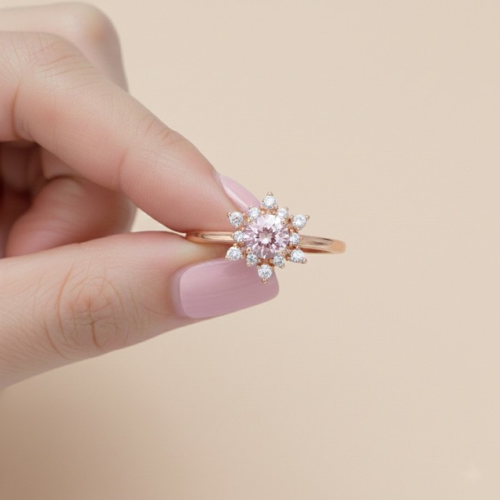 Kar Tanesi Morganit Ve Pırlanta Rose Altın Yüzük