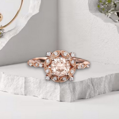 Vintage Ring Morganite Diamond Rose Gold 