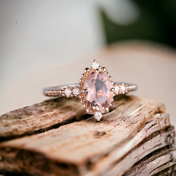 Vintage Yüzük Oval Pembe Morganit Ve Pırlantalı 