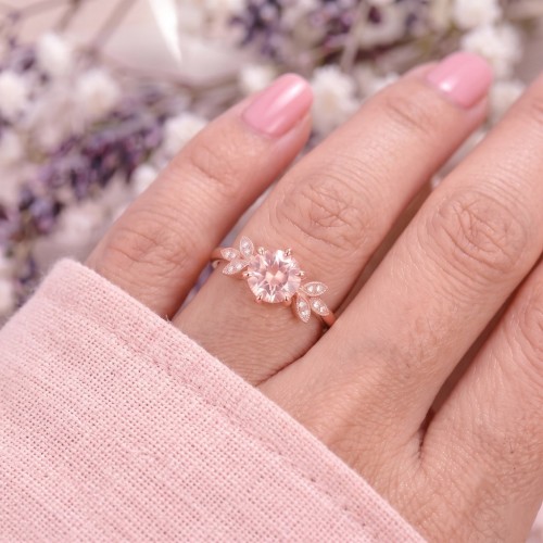 Rose Gold Morganit Ve Pırlanta Yaprak Tasarım Yüzük SS0093