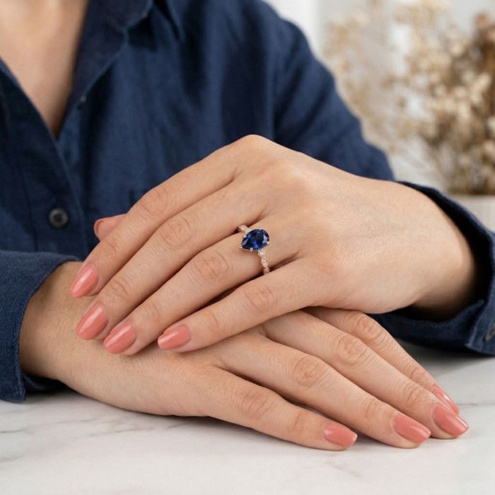 Su Damlası Safir Taşlı Pırlantalı Vintage Yüzük