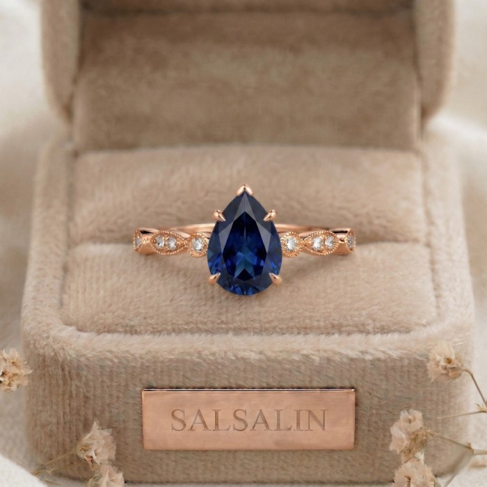 Su Damlası Safir Taşlı Pırlantalı Vintage Yüzük