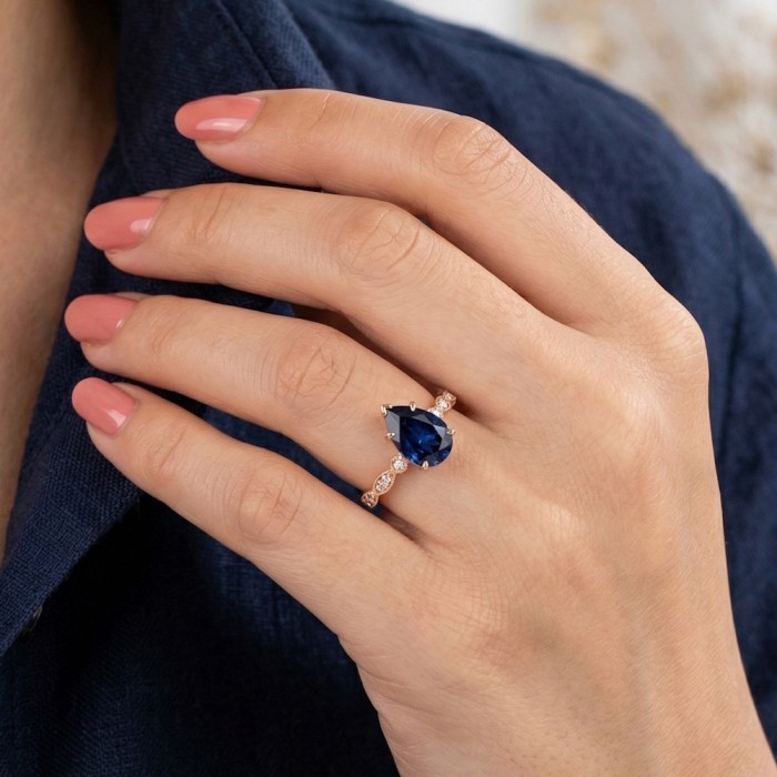 Su Damlası Safir Taşlı Pırlantalı Vintage Yüzük