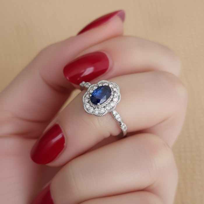 Halo Design Sapphire & Diamond Vintage Ring